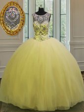 Popular Light Yellow Sweet 16 Dress Military Ball and Sweet 16 and Quinceanera and For with Beading and Appliques Scoop Sleeveless Backless