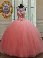 Scoop Sleeveless Tulle Floor Length Lace Up Sweet 16 Quinceanera Dress in Watermelon Red for with Beading