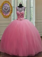 Fitting Scoop Rose Pink Sleeveless Beading Floor Length Sweet 16 Quinceanera Dress