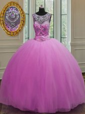 Trendy Scoop Lilac Sleeveless Beading Floor Length Quince Ball Gowns