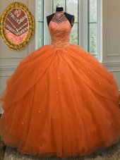 Best Orange Tulle Lace Up Halter Top Sleeveless Floor Length Sweet 16 Dresses Beading