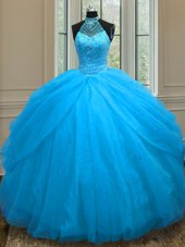Stunning Beading Quince Ball Gowns Baby Blue Lace Up Sleeveless Floor Length