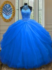Unique Halter Top Royal Blue Sleeveless Tulle Lace Up Quinceanera Gowns for Military Ball and Sweet 16 and Quinceanera