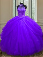Customized Sequins Halter Top Sleeveless Lace Up Quinceanera Gown Purple Tulle