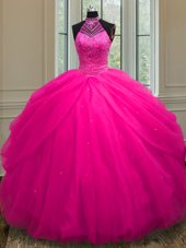 Exceptional Halter Top Sleeveless Sweet 16 Quinceanera Dress Floor Length Beading and Sequins Hot Pink Tulle