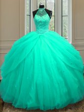 Custom Made Turquoise Ball Gowns Tulle Halter Top Sleeveless Beading and Sequins Floor Length Lace Up Sweet 16 Dress