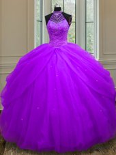 Edgy Purple Ball Gowns Tulle Halter Top Sleeveless Beading and Sequins Floor Length Lace Up 15 Quinceanera Dress
