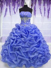 Most Popular Pick Ups Blue Sleeveless Organza Lace Up Quinceanera Gown for Military Ball and Sweet 16 and Quinceanera