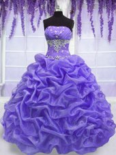 Deluxe Lavender Ball Gowns Beading Quinceanera Gown Lace Up Organza Sleeveless Floor Length