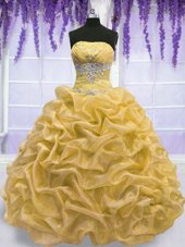 Captivating Gold Ball Gowns Strapless Sleeveless Organza Floor Length Lace Up Beading Ball Gown Prom Dress