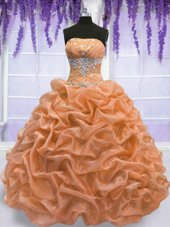High Class Orange Lace Up Sweet 16 Dress Beading Sleeveless Floor Length
