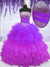 Colorful Purple Ball Gowns Beading and Ruffled Layers and Pick Ups 15 Quinceanera Dress Lace Up Organza Sleeveless Floor Length