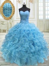 Sophisticated Baby Blue Sweetheart Lace Up Beading and Ruffles Quince Ball Gowns Sleeveless