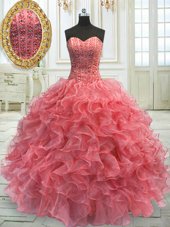 Super Watermelon Red Ball Gowns Beading and Ruffles Quinceanera Gown Lace Up Organza Sleeveless Floor Length