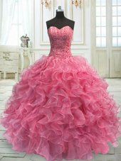 Beauteous Rose Pink Lace Up 15th Birthday Dress Beading and Ruffles Sleeveless Floor Length
