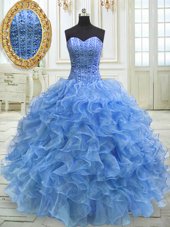 Elegant Baby Blue Ball Gowns Beading and Ruffles Quince Ball Gowns Lace Up Organza Sleeveless Floor Length