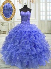 Attractive Blue Sleeveless Organza Lace Up Quinceanera Gown for Military Ball and Sweet 16 and Quinceanera