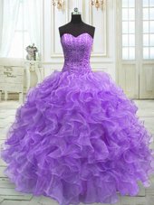 Lavender Sweetheart Lace Up Beading and Ruffles Ball Gown Prom Dress Sleeveless