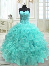 Comfortable Aqua Blue Quinceanera Dresses Military Ball and Sweet 16 and Quinceanera and For with Beading and Ruffles Sweetheart Sleeveless Lace Up