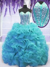 Perfect Sweep Train Ball Gowns Ball Gown Prom Dress Aqua Blue Sweetheart Organza Sleeveless Lace Up