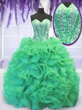 Perfect Turquoise Lace Up Quinceanera Gown Beading and Ruffles Sleeveless With Brush Train