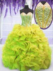 Smart Yellow Green Ball Gowns Organza Sweetheart Sleeveless Beading and Ruffles Lace Up Sweet 16 Dress Sweep Train