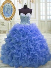 Captivating Blue Organza Lace Up Sweetheart Sleeveless Sweet 16 Quinceanera Dress Sweep Train Beading and Ruffles