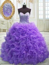 Custom Designed Purple Lace Up Ball Gown Prom Dress Beading and Ruffles Sleeveless Sweep Train