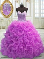 Top Selling Lilac Ball Gowns Beading and Ruffles Sweet 16 Quinceanera Dress Lace Up Organza Sleeveless