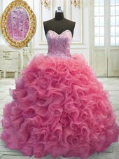 Admirable Sleeveless Organza Mini Length Sweep Train Lace Up Quinceanera Dresses in Rose Pink for with Beading and Ruffles