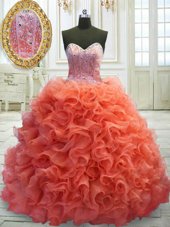 New Arrival Coral Red Sweetheart Lace Up Beading and Ruffles Quinceanera Dress Sweep Train Sleeveless