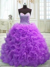 Clearance Purple Sleeveless Beading and Ruffles Lace Up Sweet 16 Quinceanera Dress