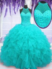 Dramatic Aqua Blue Ball Gowns Beading and Ruffles Sweet 16 Dress Lace Up Organza Sleeveless Floor Length