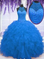 Fantastic Organza High-neck Sleeveless Zipper Beading and Ruffles 15 Quinceanera Dress in Blue