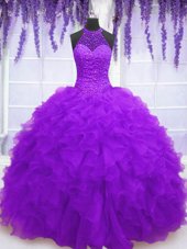 Comfortable Organza High-neck Sleeveless Lace Up Beading and Ruffles 15th Birthday Dress in Purple