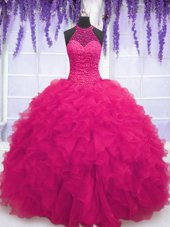 Chic Floor Length Ball Gowns Sleeveless Hot Pink Quinceanera Dress Lace Up