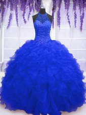 Low Price Royal Blue Sleeveless Floor Length Beading and Ruffles and Sequins Lace Up Quinceanera Dress