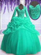 Custom Design Organza Long Sleeves Floor Length Quinceanera Gown and Sequins and Pick Ups