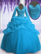 Enchanting Long Sleeves Floor Length Zipper Sweet 16 Dresses Baby Blue and In for Military Ball and Sweet 16 and Quinceanera with Sequins and Pick Ups