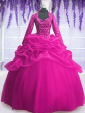 Delicate Fuchsia Ball Gowns Sequins and Pick Ups Sweet 16 Quinceanera Dress Zipper Organza Long Sleeves Floor Length