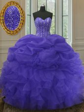 Lovely Pick Ups Sweetheart Sleeveless Lace Up Quinceanera Gown Purple Organza