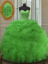 Custom Designed Pick Ups Ball Gowns 15th Birthday Dress Green Sweetheart Organza Sleeveless Floor Length Lace Up