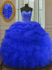 Excellent Royal Blue Organza Lace Up Sweet 16 Dress Sleeveless Floor Length Beading and Ruffles and Pick Ups