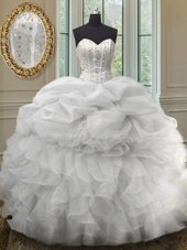 Sophisticated White Organza Lace Up Quinceanera Dress Sleeveless Floor Length Beading and Ruffles and Pick Ups