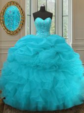 Romantic Aqua Blue Sleeveless Beading and Ruffles and Pick Ups Floor Length Sweet 16 Quinceanera Dress