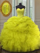 Best Selling Pick Ups Sweetheart Sleeveless Lace Up Quince Ball Gowns Yellow Organza