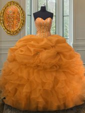 Custom Made Floor Length Lace Up Quinceanera Gowns Orange and In for Military Ball and Sweet 16 and Quinceanera with Beading and Ruffles and Pick Ups