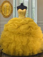 Floor Length Lace Up Quince Ball Gowns Gold and In for Military Ball and Sweet 16 and Quinceanera with Beading and Ruffles and Pick Ups