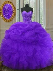 Suitable Organza Sleeveless Floor Length Vestidos de Quinceanera and Beading and Ruffles and Pick Ups