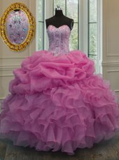 Super Sweetheart Sleeveless Organza Ball Gown Prom Dress Beading and Ruffles and Pick Ups Lace Up